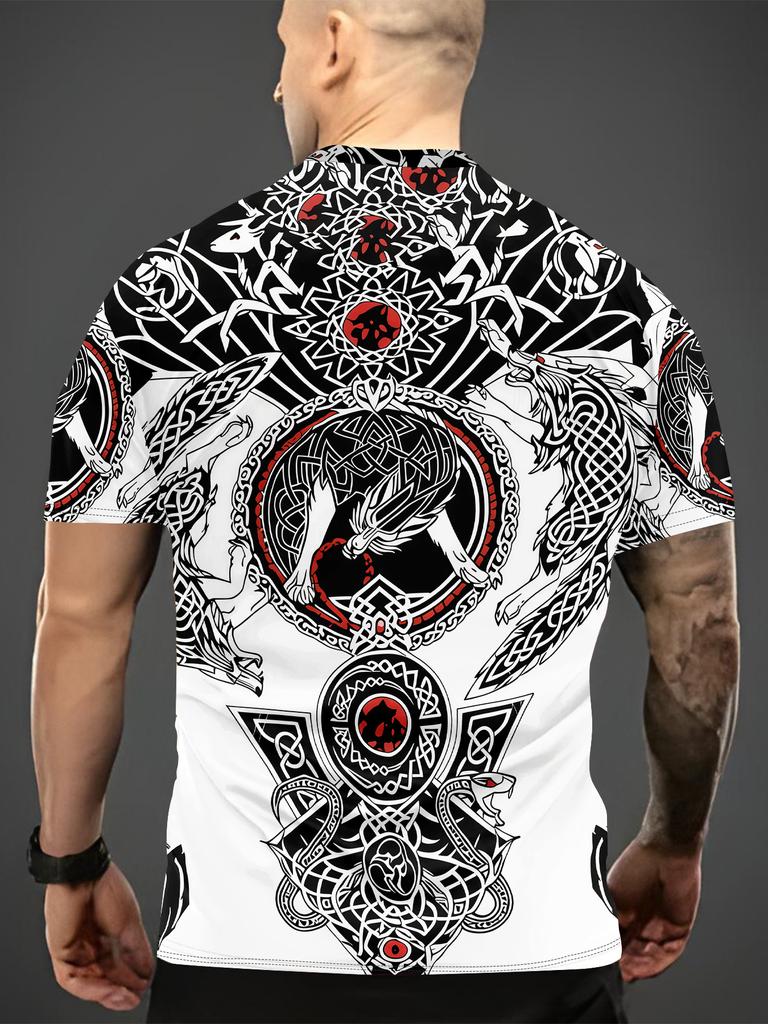 Men's Viking T-Shirt with 3D Viking Print & Nordic Knot Design - Breathable Short Sleeve Round Neck Casual Summer Top, Suitable for Outdoor, Casual