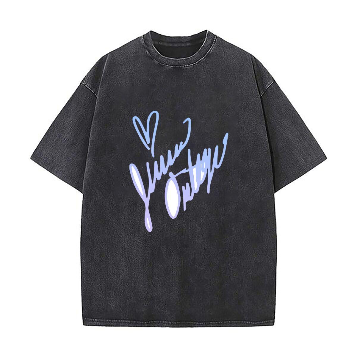 Jenna Ortega Autograph Heavy Men Washed Casual Cotton Short Sleeve Acid Wash Top S