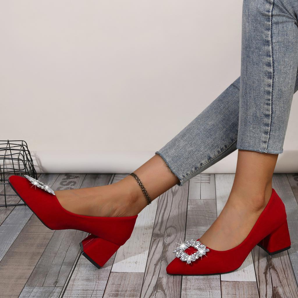 French Pointed-toe Thick-heeled Crystal Sequin Rhinestone High Heels 2025 New Spring and Autumn Versatile Banquet Single Shoes