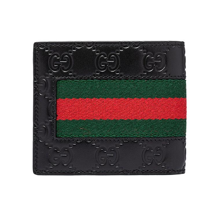 Gucci GG Embossed Black Leather Bifold Wallet With Web Stripe For Unisex Daily Use