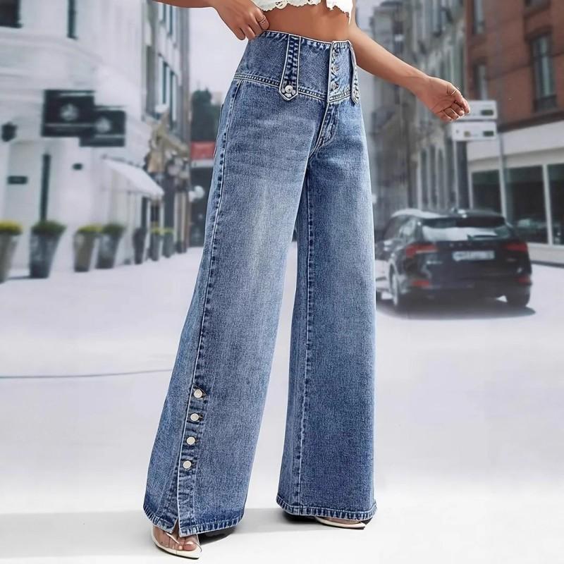 High Waist Wide Leg Denim Pants Women With Vintage Button Detail Relaxed Fit Stretchy Cotton Blend