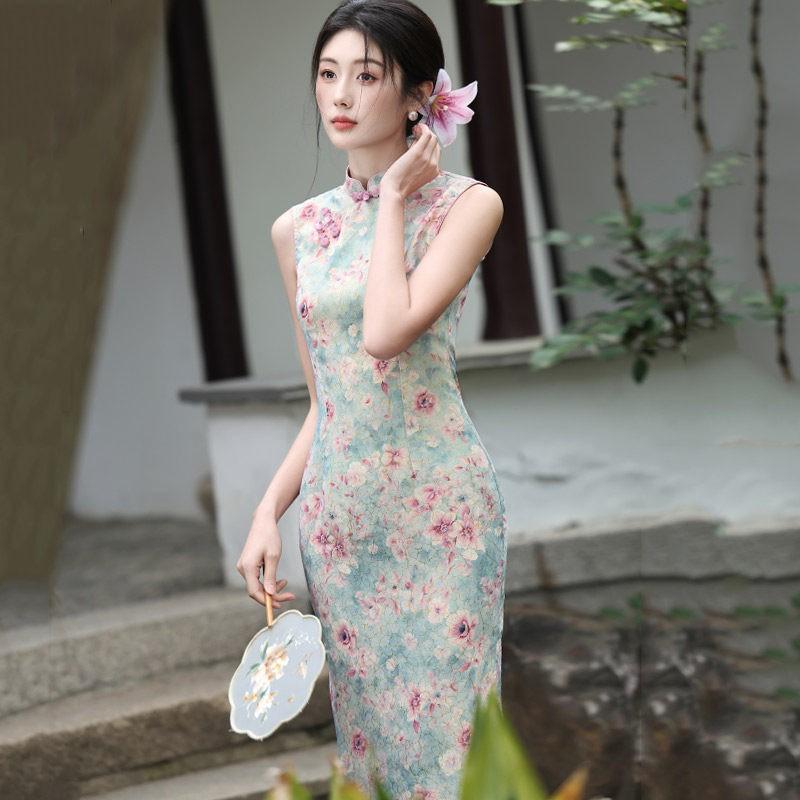 Long Sleeveless Cheongsam Dress Women 2026 Modern Chinese Style Daily Wear Vintage Elegant Fit