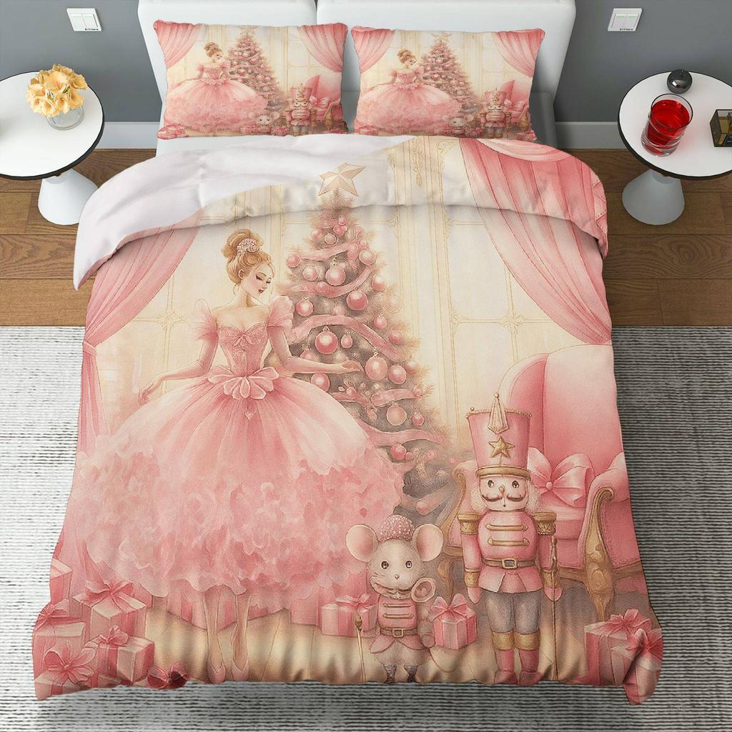3pcs Christmas Duvet Cover Set - Ballerina Nutcracker & Christmas Tree Design, Soft Pink & White Polyester Bedding with Zipper