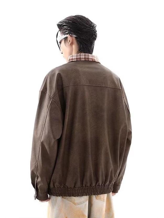 Unisex Retro Karomuster Patchwork Lederjacke - Mellade Street Style Trend
