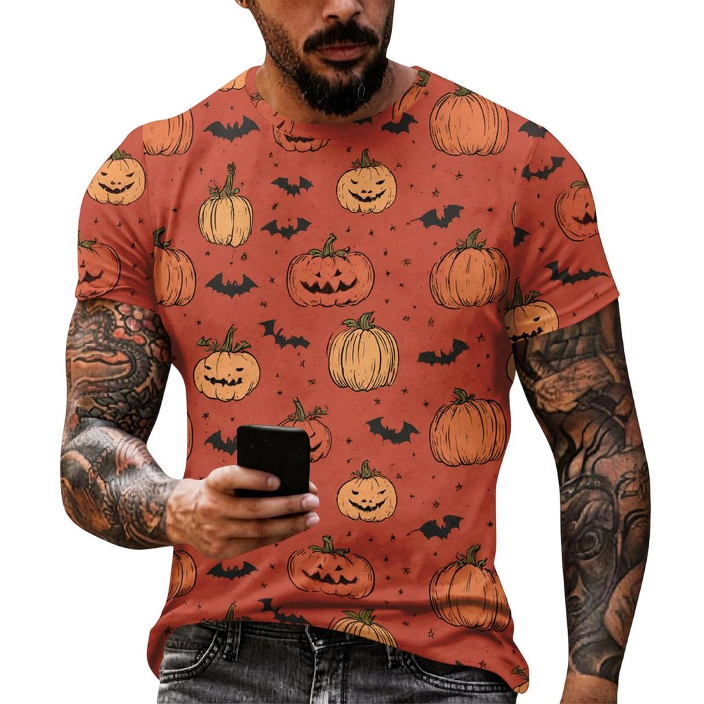 Men Short Sleeve Halloween Print T Shirt Crew Neck Pumpkin Bat Web Pattern Relaxed Fit Casual Top