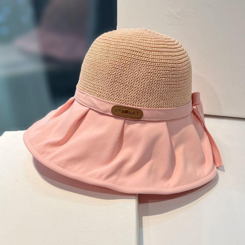 Korean-Style Women's Wide Brim Sun Hat with Bow and Face Mask - Versatile Outdoor UV Protection Hat for Adults