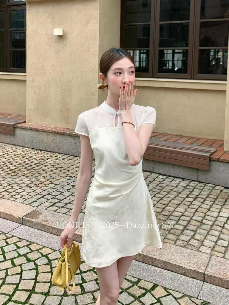 UONE2025 Summer Chinese Jacquard Cheongsam Dress with Frog Buttons and Hollow Waist Design