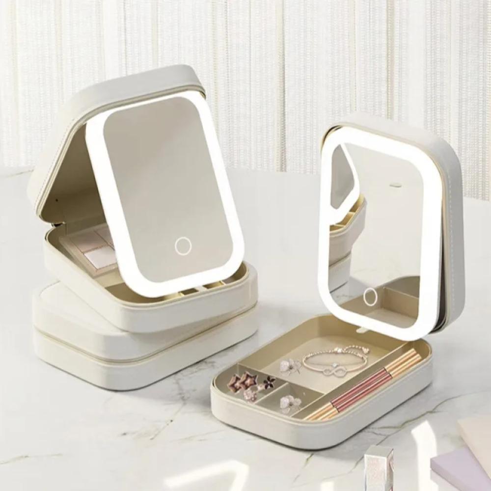 LED Mirror Makeup Storage Box Cosmetics Storage Box Fashion Portable Travel Makeup Bag Simple Makeup Case with Mirror for Woman