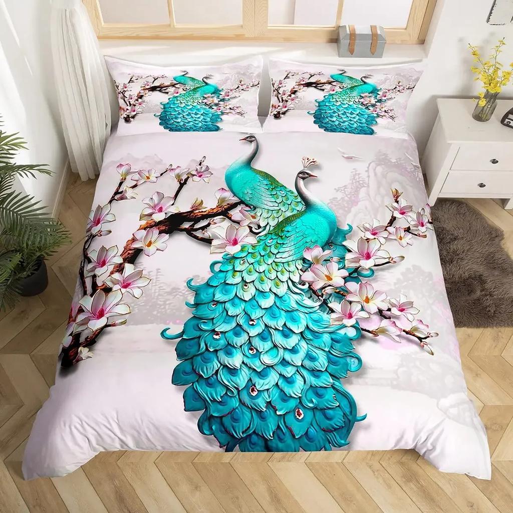 Peacock Comforter Cover Bohemian Duvet Cover Set Exotic Birds Animals Bedding Set Feather Floral Fresh Natural Bedspreads Cover