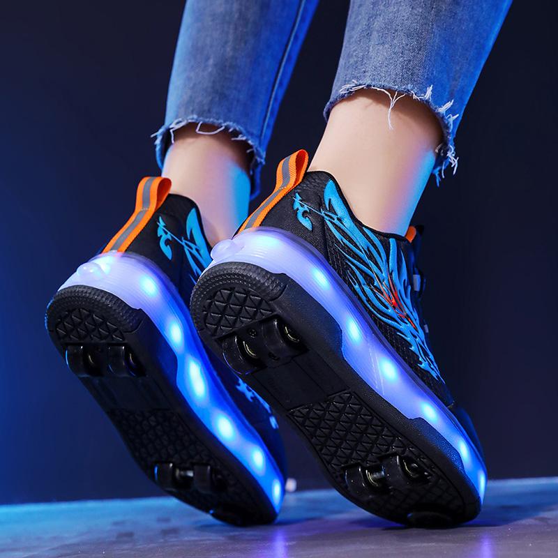 Children's Roller Skates Removable Flat Charging LED Four Wheels Glowing Sports Shoes Pink Women's Glowing Sneakers
