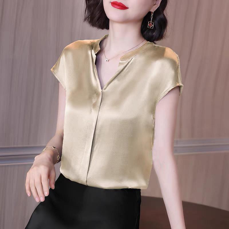 

Women s Satin Shirt, Short-sleeved Top, Loose V-neck Shirt, Summer Chiffon Top 4XL