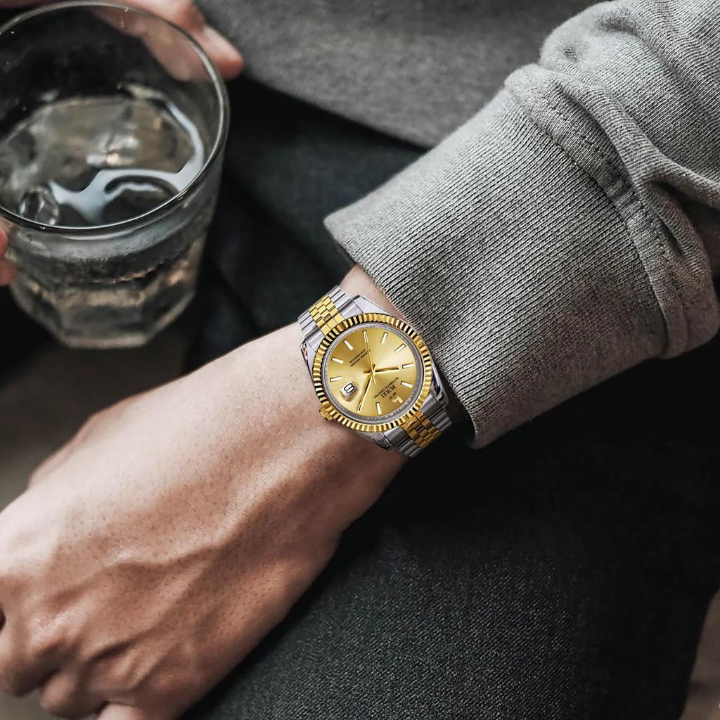 BUREI Automatic Popular for Date Luminous Men's Watch, Waterproof, Analog, Mechanical, Business, Display, Simple, Casual, (Gold/Silver)