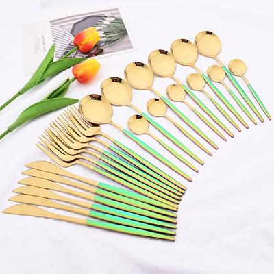 24Pcs Colorful Handle Gold Dinnerware Cutlery Set Stainless Steel Mirror Knife Fork Spoon Flatware Set Western Kitchen Tableware Service for 6