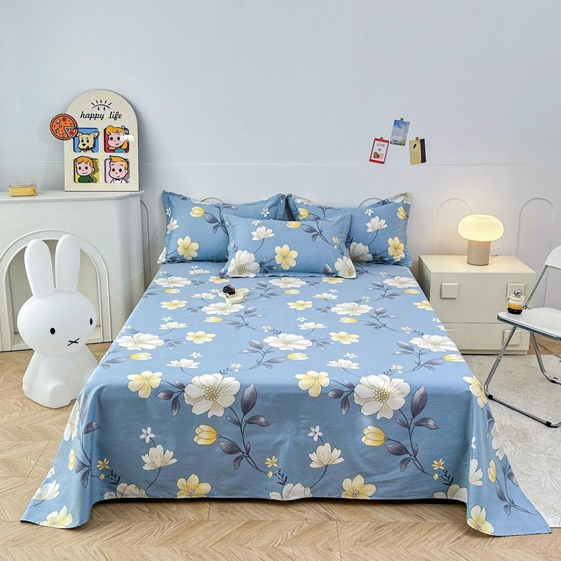 White Tulip Flower Flat Sheet Cotton Cartoon Bunny Blue Bed Sheet Set for Boys Girls Lovely Floral Rabbit Botanical Bed Cover