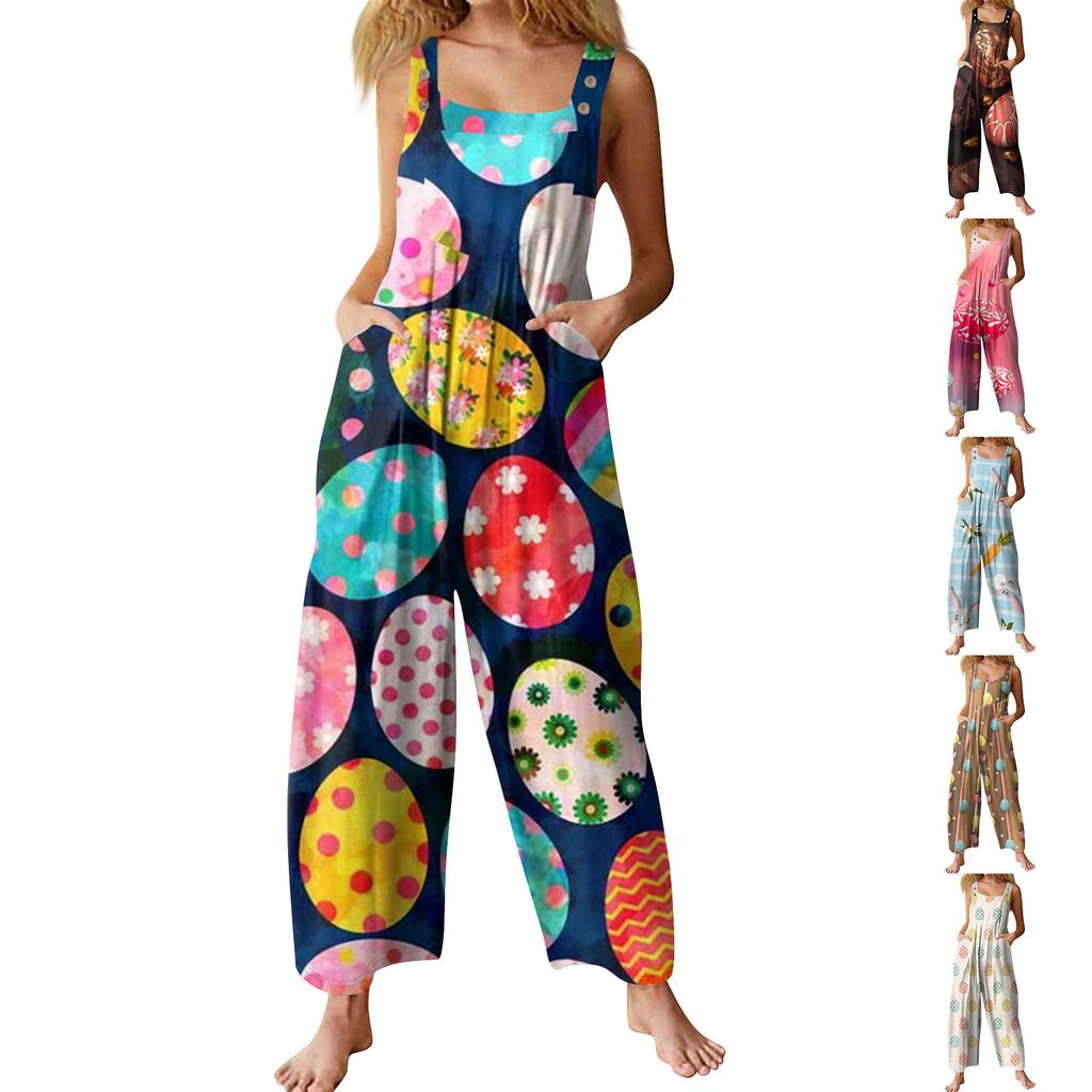 Women's Casual Jumpsuit Sleeveless Easter Print Jumpsuit