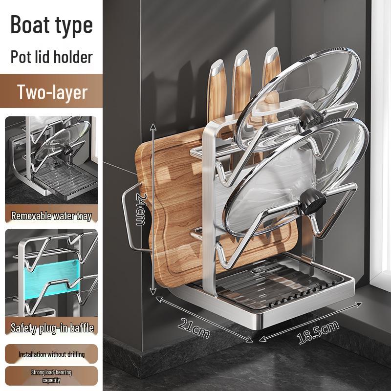 Stainless Steel Wall-Mounted Kitchen Rack for Cutting Boards and Pot Lids
