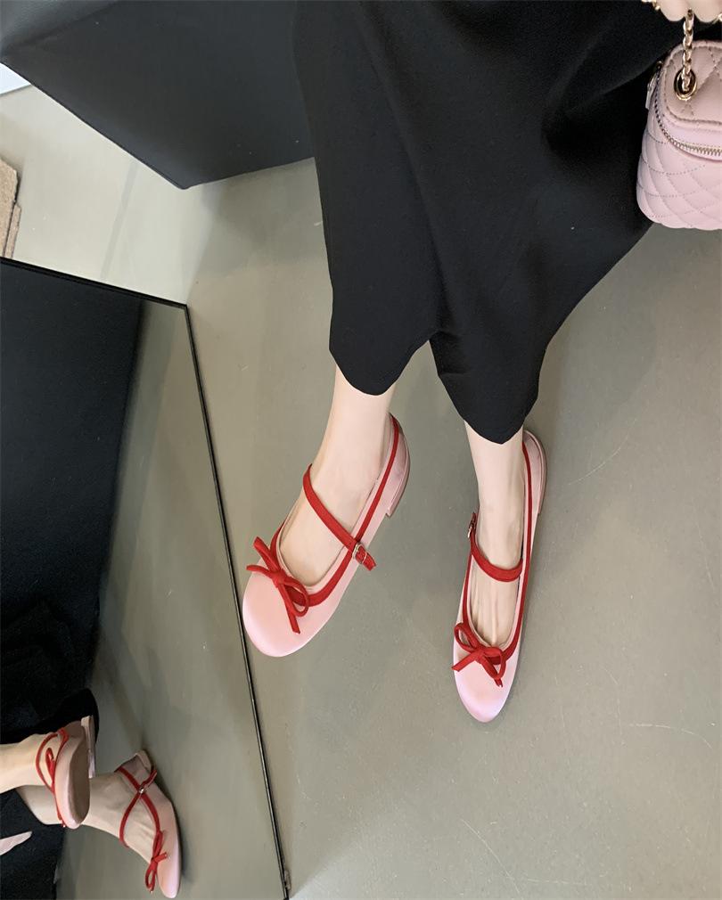 

Bow Mary Jane Shoes Girl 2025 Spring Gentle Fairy Wind with Skirt One-word Coarse Heel Evening Shoes 39 розовый