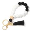 Silicone and Wooden Bead Keychain Bracelet with PU Tassel