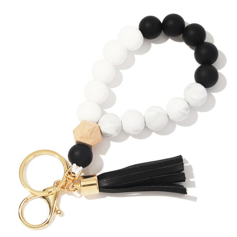 Silicone and Wooden Bead Keychain Bracelet with PU Tassel