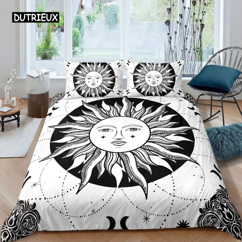 Sun Moon Duvet Cover Set Queen Microfiber Bohemian Black and White Print Yin Yang Comforter Cover Galaxy Star Twin Bedding Set