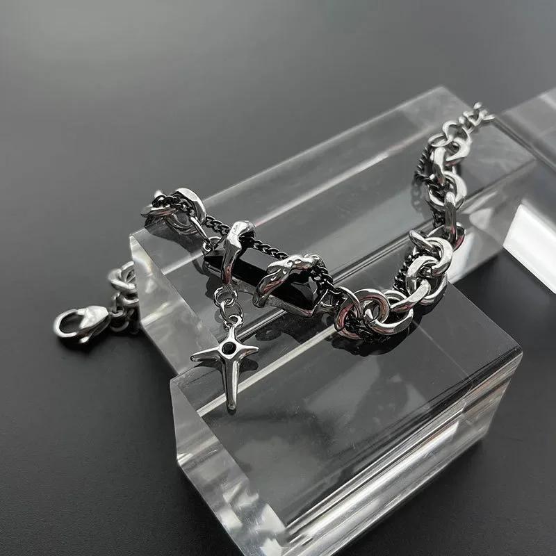 Bracciale Uomo Retro Zircone Nero Catena a Stella Donna Acciaio Inossidabile Braccialetti Punk su Mano Gioielli Unisex Accessori per Coppia