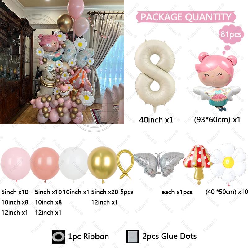 81pcs Flower Fairy Little Elf Colorful Balloon Birthday Number Balloon Set Festival Party Decoration Girl Birthday Surprise Gift