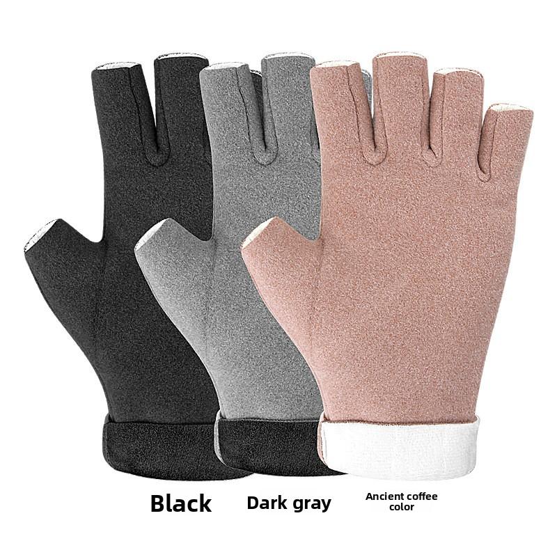 Winter German Velvet Half-finger Gloves Driving Office Wrist Fit Solid Color Half-finger Leakage Velvet Thermal Gloves