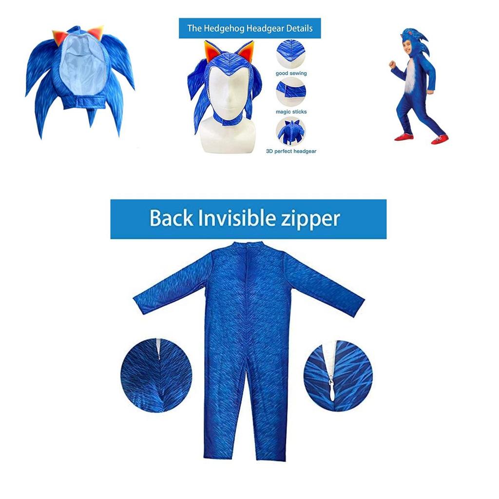 Blue Sonic Onesie With Gloves And Headgear For Kids Costume