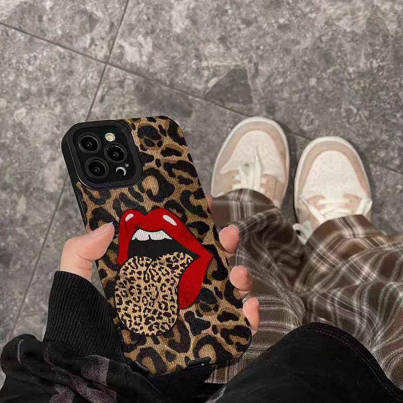 Red Lips Big Tongue Leopard Silicone Leather Case For iPhone 13 14 15 Pro Max Plus 11 12 Mini X XS XR 7 8 SE Shockproof Cover