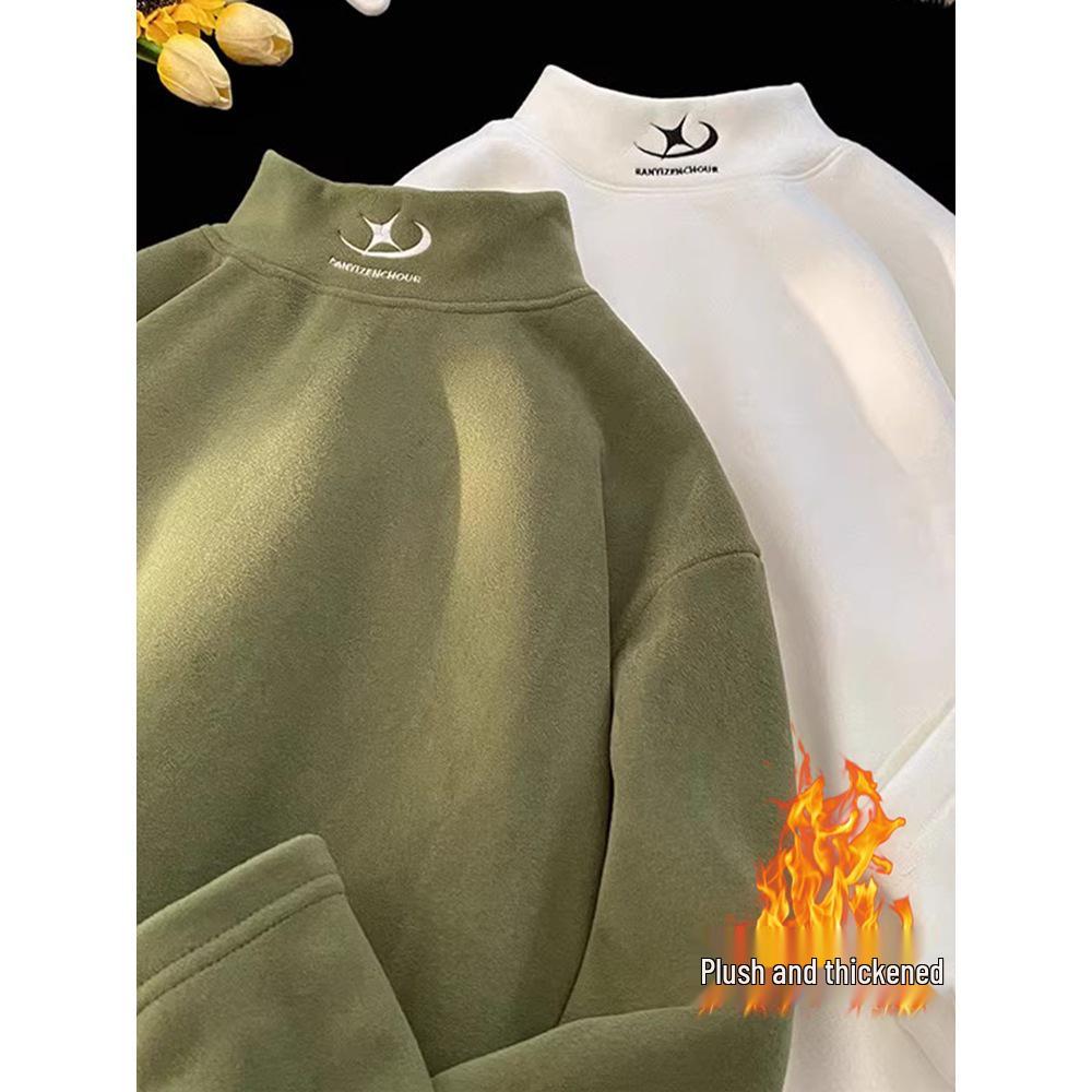 Men's Fleece Half-High Collar Sweatshirt, Velvet-Thickened, Loose Fit, Long Sleeve, Perfect for Autumn/Winter 2025.