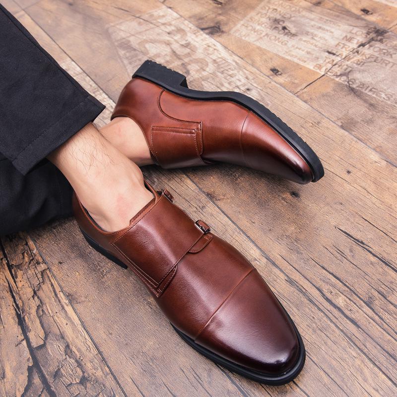 Leather shoes men's large size casual fashion matte leather dress single shoes anti-fur men's trend side buckle men's shoes