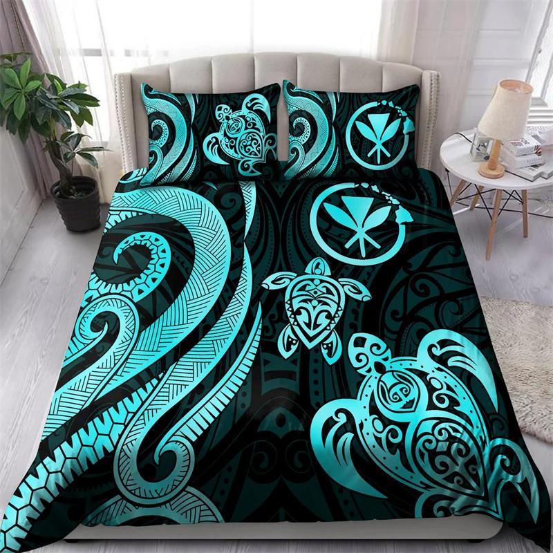 Hibiscus Floral Duvet Cover Tribal Polynesian Turtle Bedding Set Single Twin King Microfiber Plumeria Hawaiian Comforter Cover
