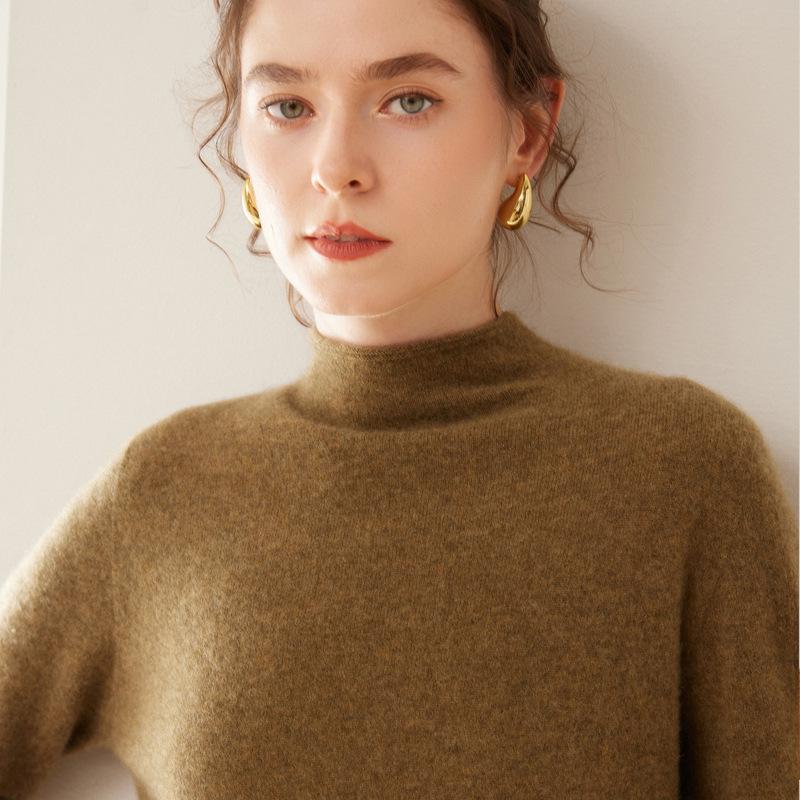 2025 Women's Autumn-Winter Pure Cashmere Half-High Neck Loose Knit Sweater Pullover