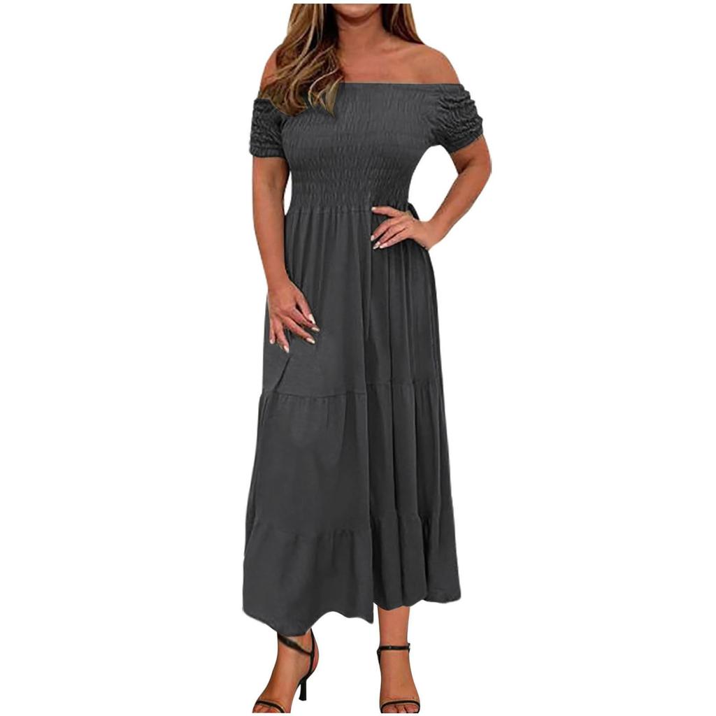 Women's Fashionable Solid Color Pleated Layered Short Sleeved Large Hem Dress