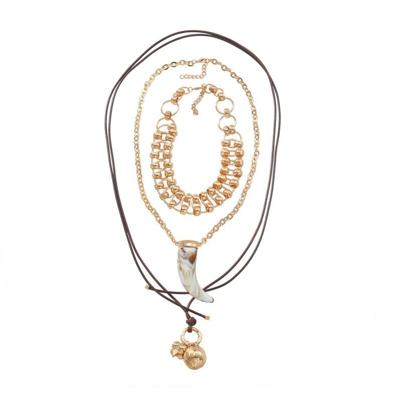 Layered Long Chain Necklace Women Geometric Resin Pendant With Horn Accent Gold Tone Alloy 81cm Length Fashion OL Style Gold