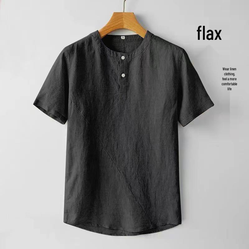 

2026 Men s Cotton Linen Short Sleeve Stand Collar Casual Shirt 4XL 90-100 kg чорний