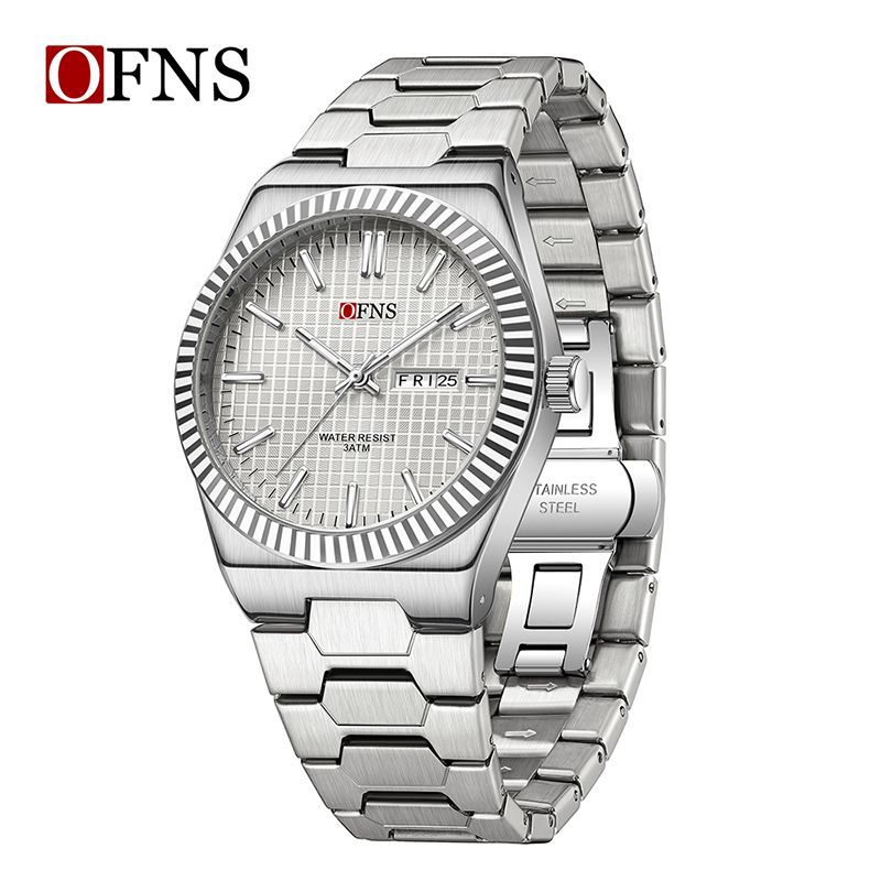 Waterproof Mens Analog Quartz Watches Steel Bracelet Dress Watch, Luminous Dual Day Date Display Wristwatches