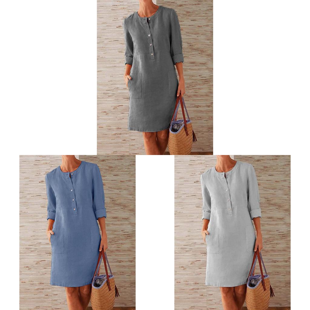 Cotton Linen Long Sleeve Dress With Spliced Design For Casual Office Wear