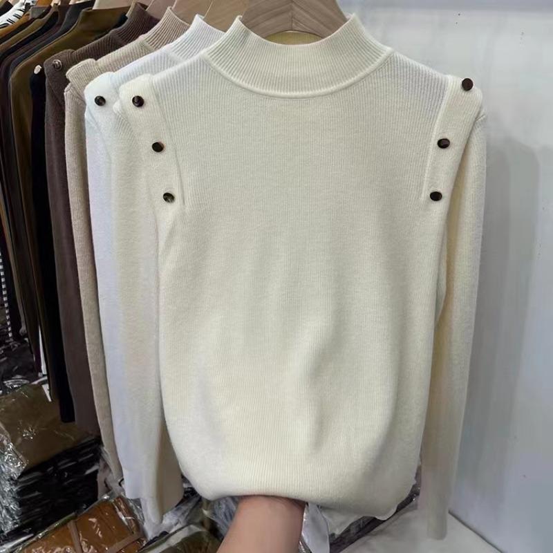 Pull Tricoté Élégant Mode Col Mi-Haut Uni Femmes Automne Décontracté Coupe Slim Manches Longues Pulls Femmes Tops Hiver Chaud Maille de Base 24880