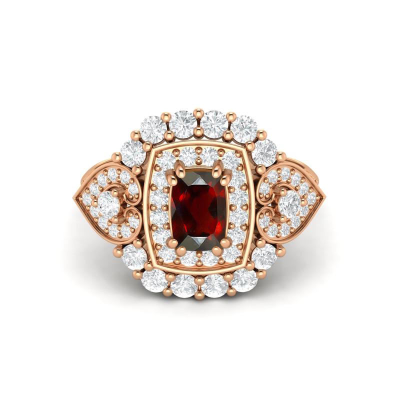 6X4MM Cushion Garnet Gemstone 925 Sterling Silver Rose Plated Solitaire Halo Women Engagement Ring