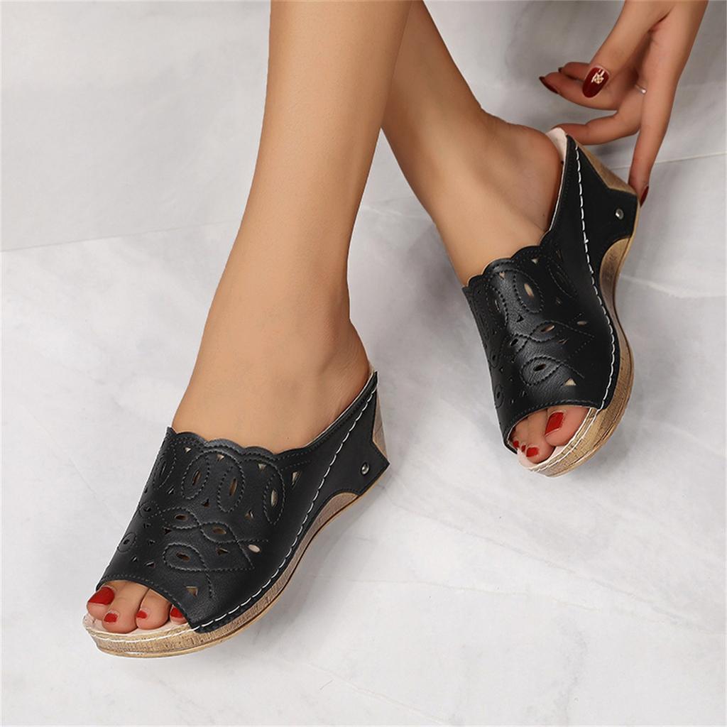 Women'S Sandals Summer Leather Hollowed Out Fish Mouth Sloping Heel Roman Sandals Fashionable Solid Color Slippers Heels