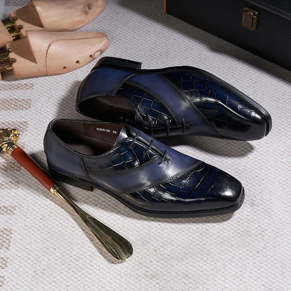 Luxury Men's Oxfords Cow Patent Leather Crocodile Pattern Wedding Party Dress Shoes for Men Lace-Up Office Formal Shoes
