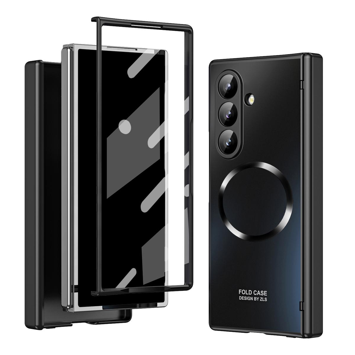 

For Samsung Galaxy Z Fold7 5G Case Electroplated PC Magnetic Phone Cover with Tempered Glass Film Black
