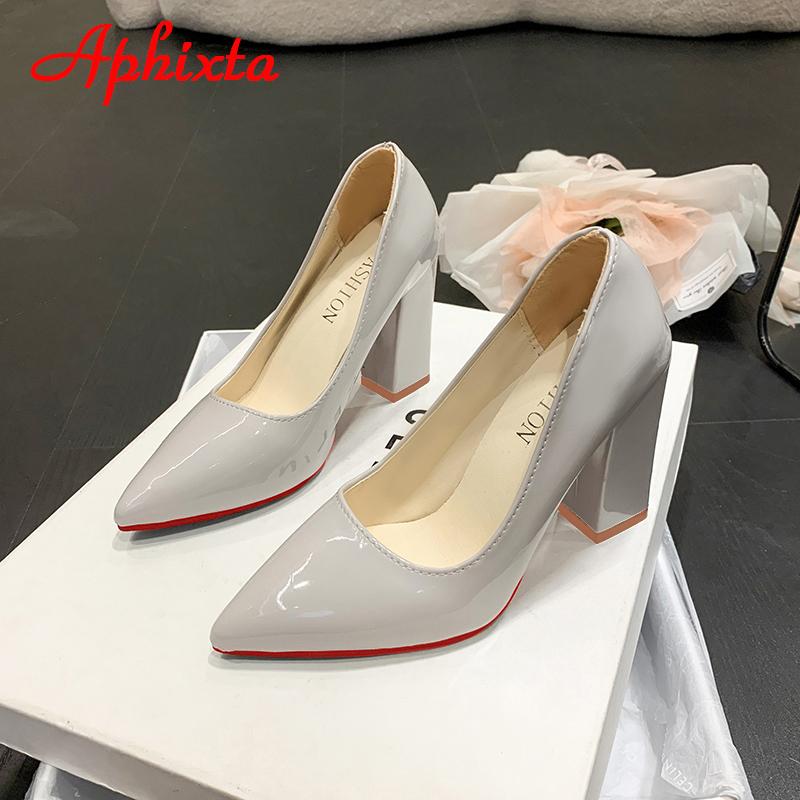 Fashion Aphixta Autumn 10cm/3.94Inch Chunky Heels Pumps Women Shoes Wine Red Patent Leather Sexy Party Official Leisure Plus Szie 33-46