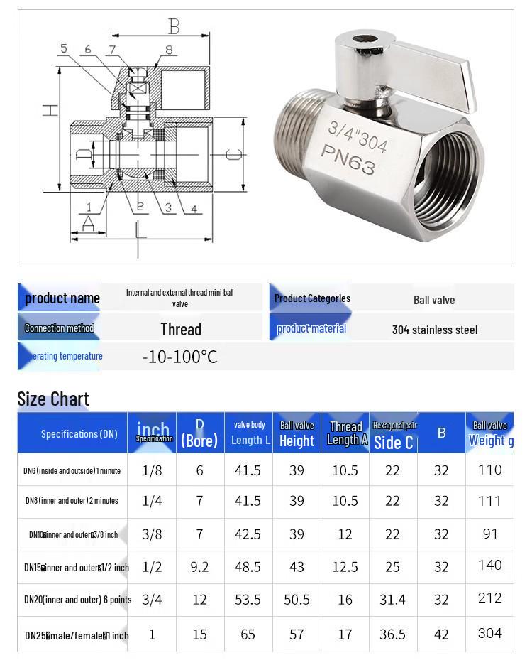 Mini Ball Valve 304 Stainless Steel, Internal/External Thread, 6/4 Points