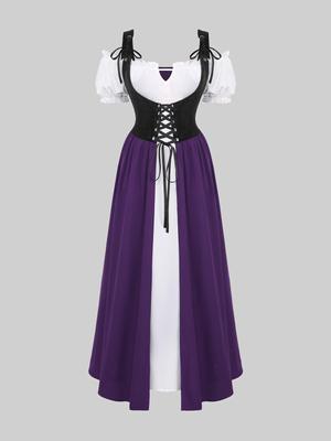 Rosegal Gothic Puff μανίκι V Notch Lace Up Φόρεμα με ρουστίκ στρώσεις συνονθύλευμα κορσέ A Line
