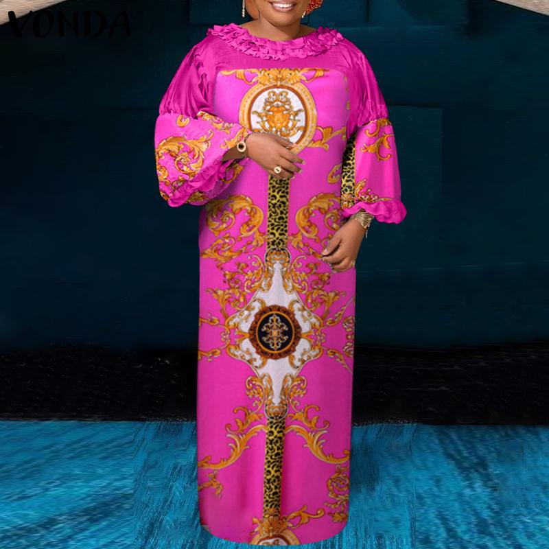 

VONDA летние женские большие размеры с круглым вырезом и рукавами-фонариками, прямые повседневные платья с принтом