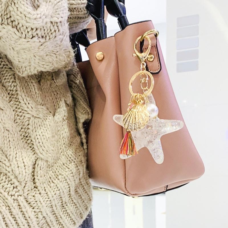 Practical Elegant White Starfishes Keychain With Pearls Accent For Car Key And Bags Metal And Acrylic Construction