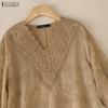 ZANZEA Women Hollow Lace Splice V-Neck Loose Casual 3/4 Sleeve Blouse