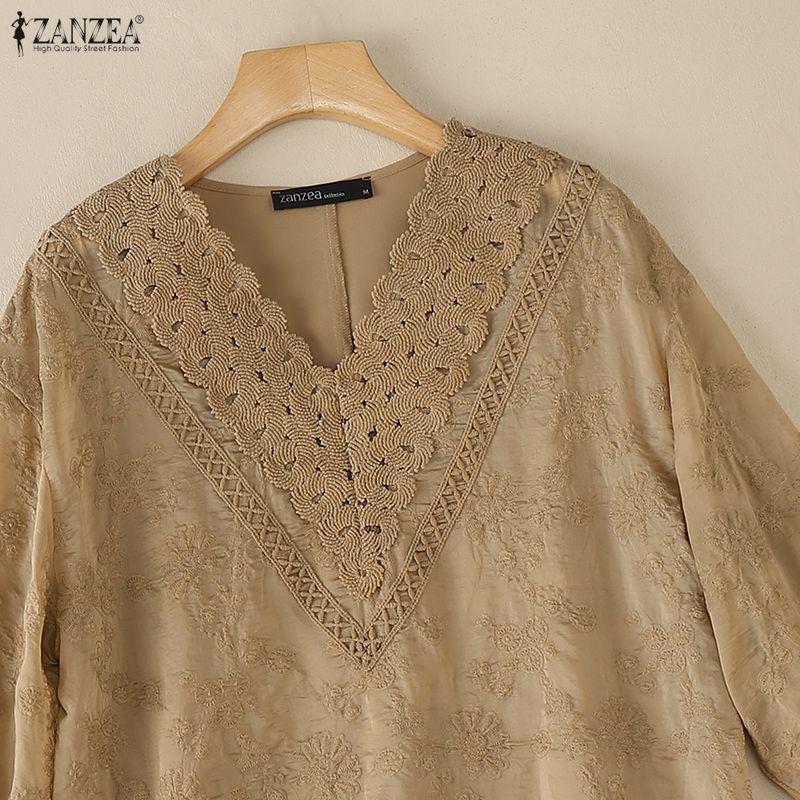 ZANZEA Women Hollow Lace Splice V-Neck Loose Casual 3/4 Sleeve Blouse
